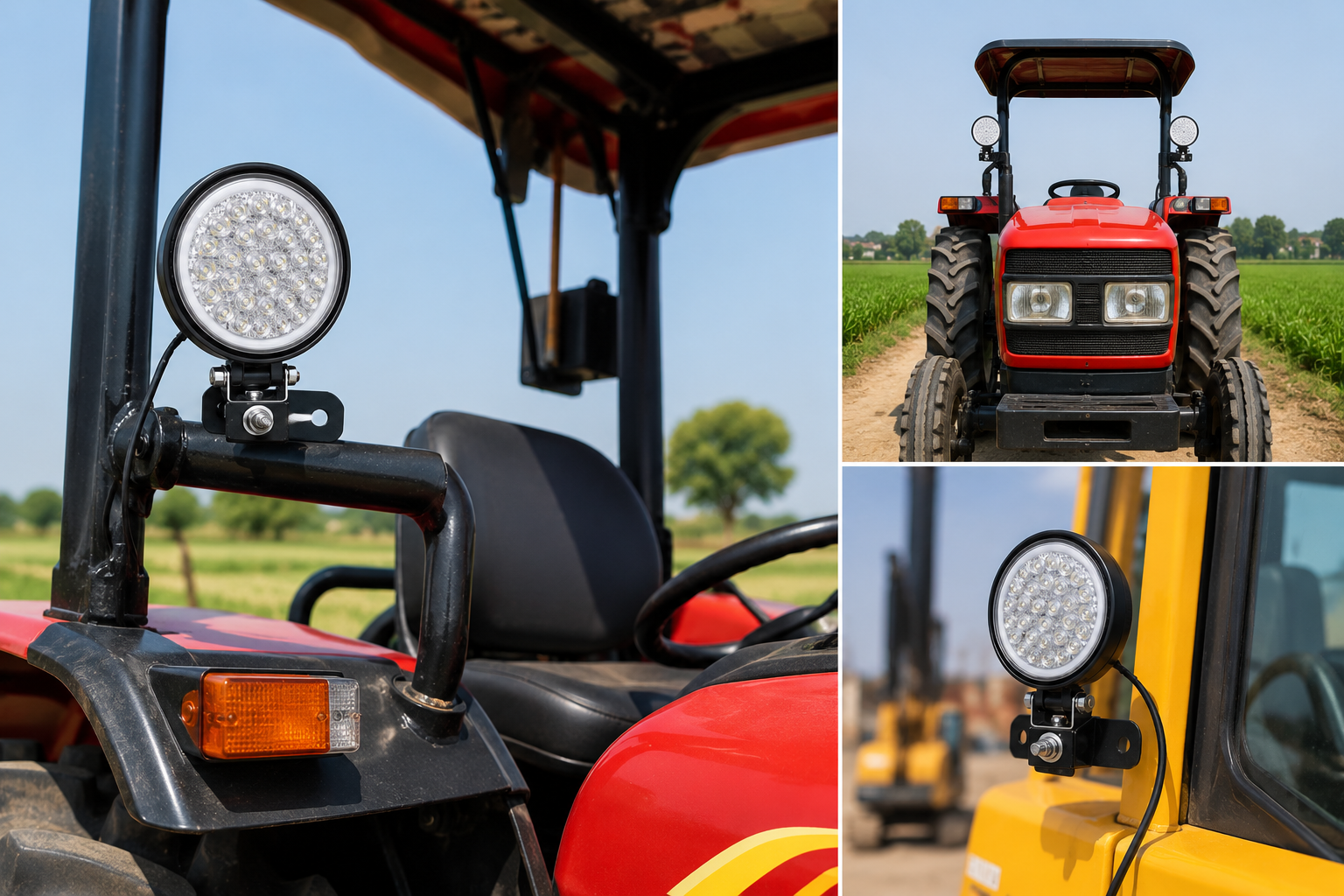LED work light mounted on tractor ROPS and excavator