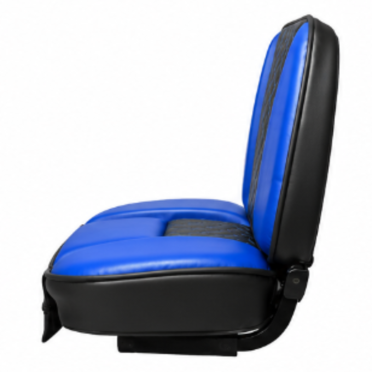 Blue seat cover, side profile view
