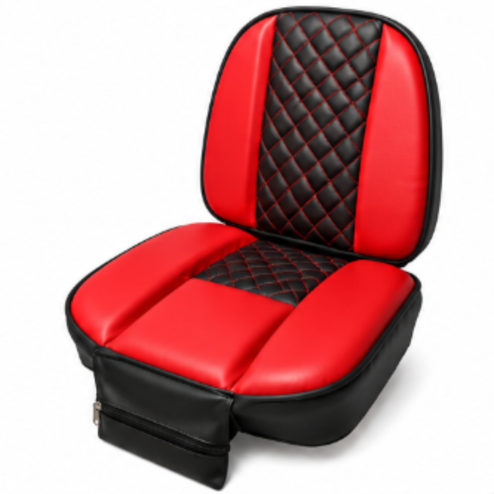 Red seat cover, 3/4 angle view