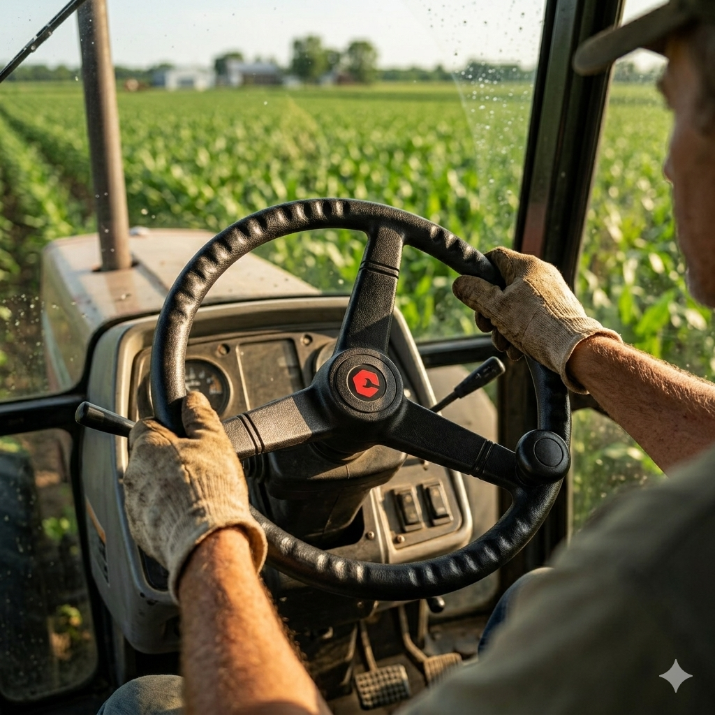 Steering wheel in use on tractor
